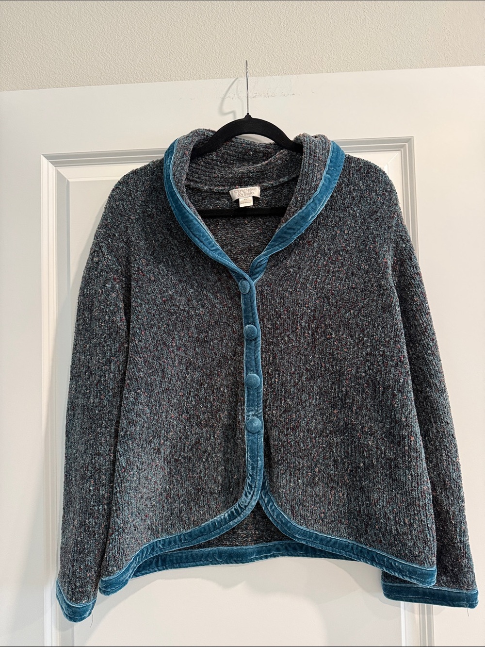 Christopher & Banks Heathered Gray Button-Front Sweater with Velvet Trim sz xl